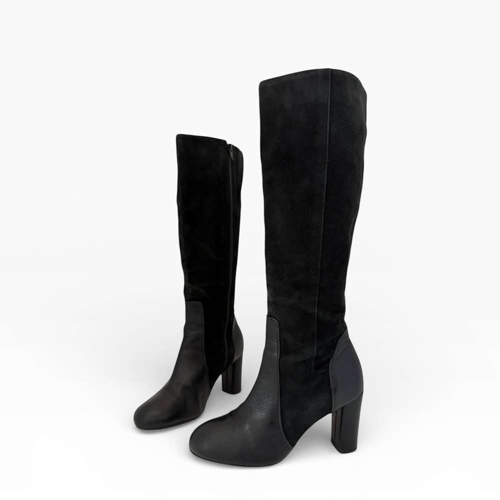 Black Tall Knee-High Leather & Suede Boots W 6.5 Block Heel Side Zip Clarks - Picture 4 of 13